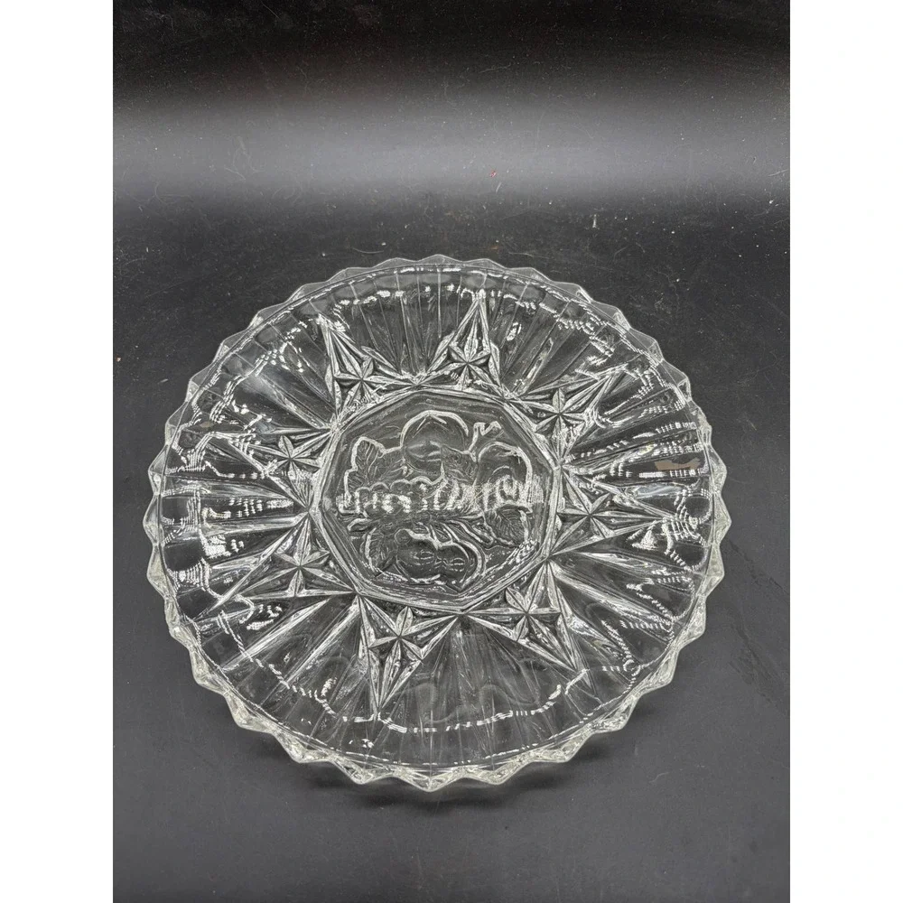 Vintage Pressed Clear Glass Fruit Medallion Plate Scalloped Starburst Edge 8in